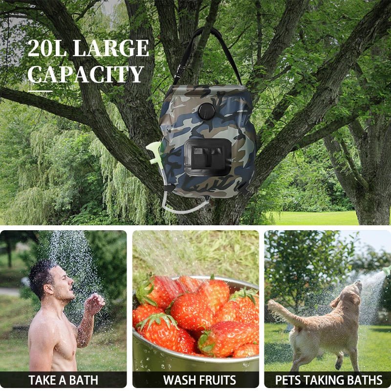 SunVareo Solar Duschbeutel 20L | Tragbare Campingdusche | Solar beheizt | Abnehmbarer Schlauch
