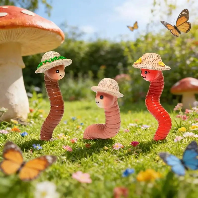 Wurmelino | Regenwurm Figuren Set 3-teilig | Handbemalte Gartenstecker aus Kunstharz | Miniatur Pflanzendekoration