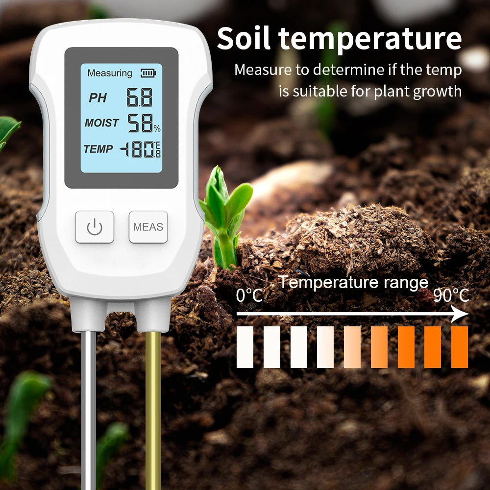 FloraSense Digitaler Bodenmessgerät 3-in-1 | pH-, Temperatur- & Feuchtigkeitsmesser | LCD Display mit Beleuchtung | 25,3 cm Sonde