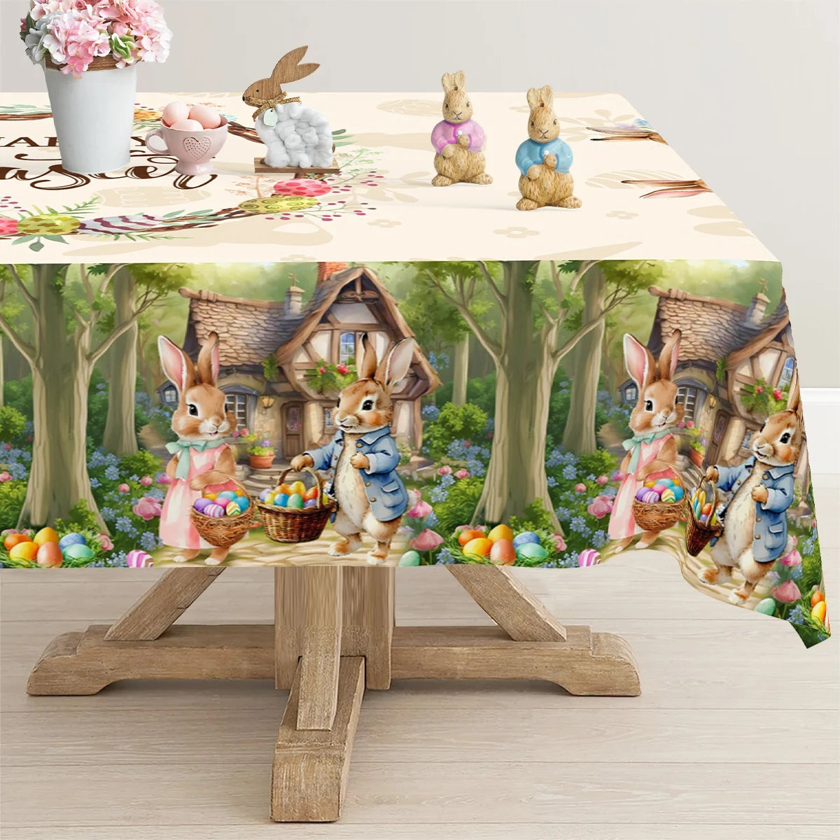 Frühlingstisch Oster Tischläufer | Vintage Hasen Eier Blumen Motiv | Frühlings Tischdekoration für Esstisch Küche