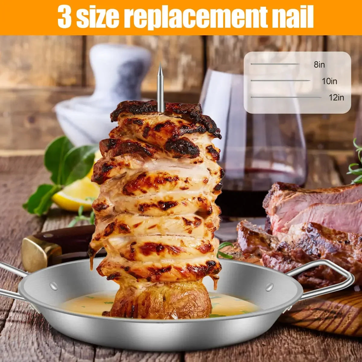 GrillVerto Vertikaler Edelstahl Grillspieß | BBQ Fleischhalter mit Auffangschale | 3 Spieße 20–30 cm