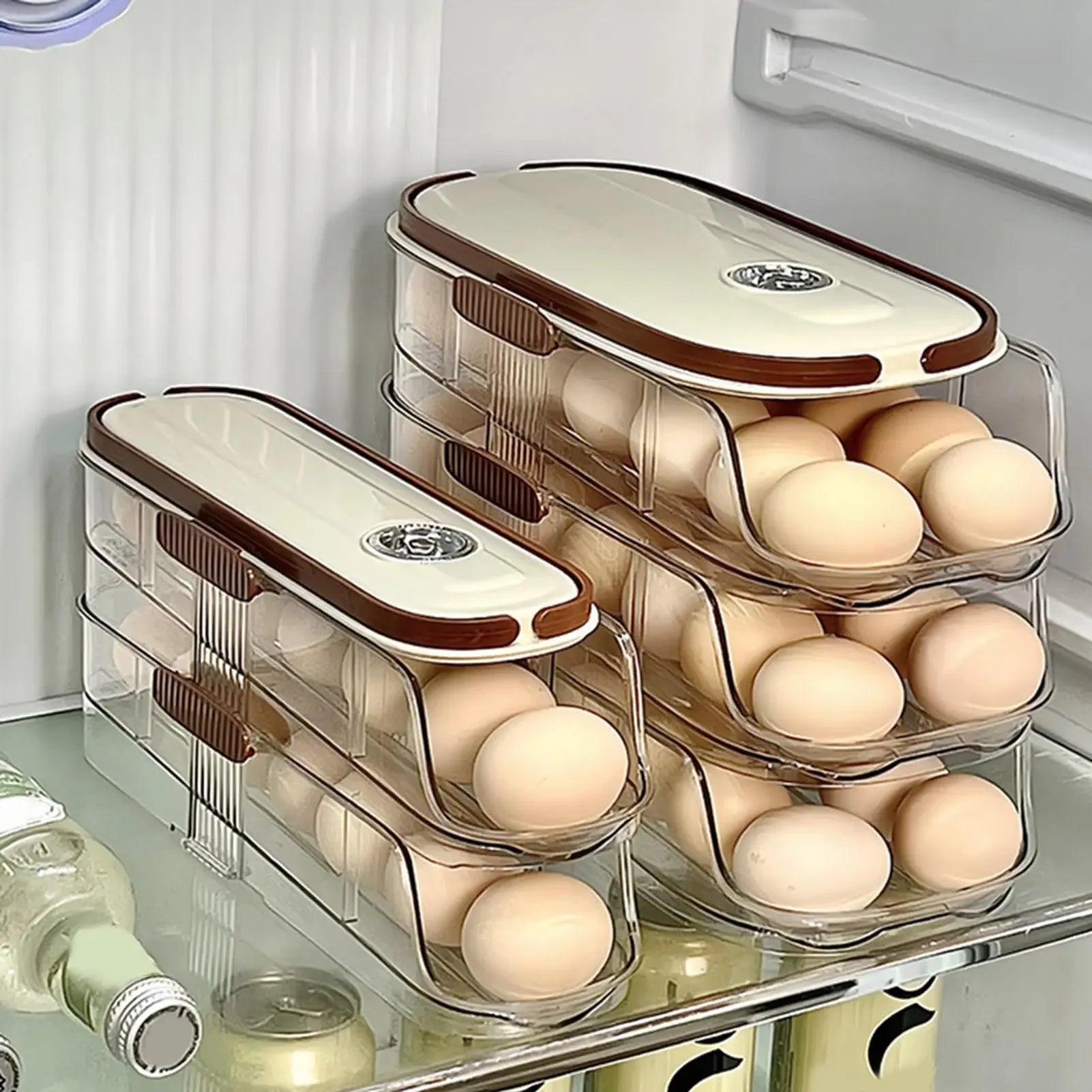 FrischRoll Eierhalter für Kühlschrank | Automatischer Roll-Organizer | Transparente Eier Aufbewahrungsbox stapelbar mit Deckel