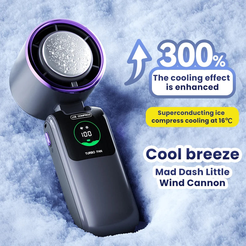 BREEZARO Mini Handventilator mit Kühlpack | 100 Stufen | 10W Turbo | Faltbar | Tragbar