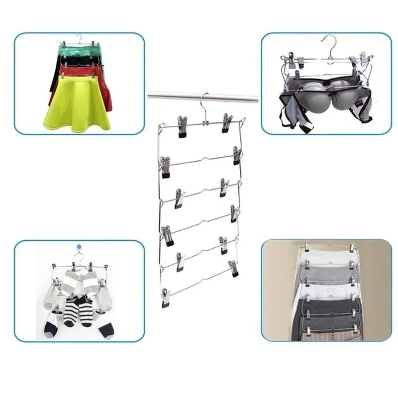 Foldora Hosenbügel 6 Ebenen aus Edelstahl | Multilayer Rock- & Hosenhalter | Platzsparend mit 12 Clips