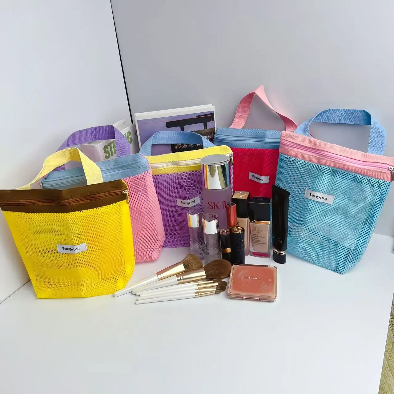 Meshiva | Damen Mesh-Shopper Tasche | Faltbare Strandtasche mit Kosmetiktasche in Leuchtenden Sommerfarben