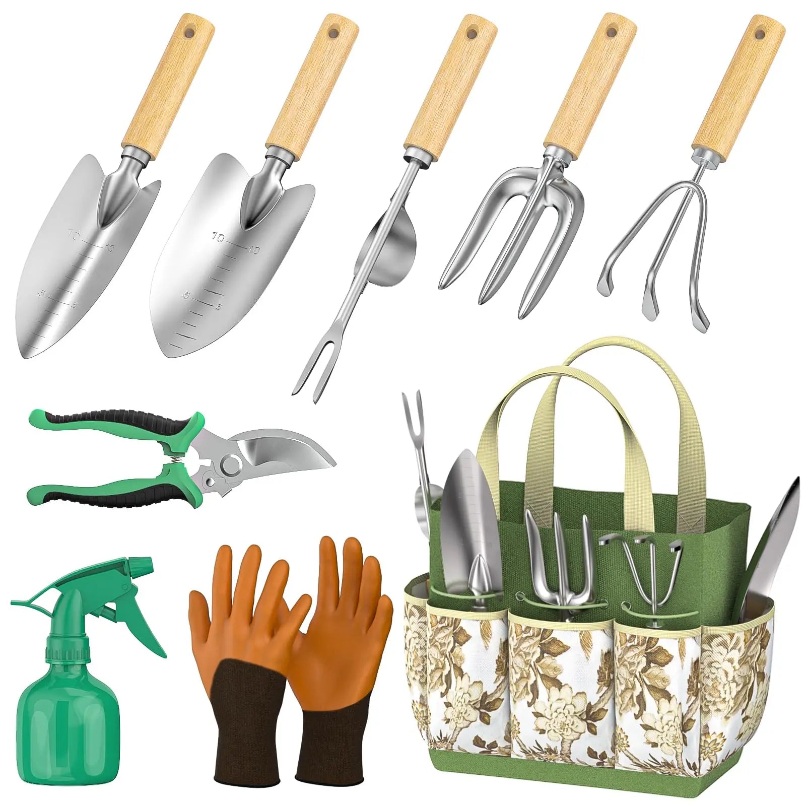 Grünheim Gartenwerkzeug Set 9-teilig | Edelstahl | Holzgriff | mit Aufbewahrungstasche