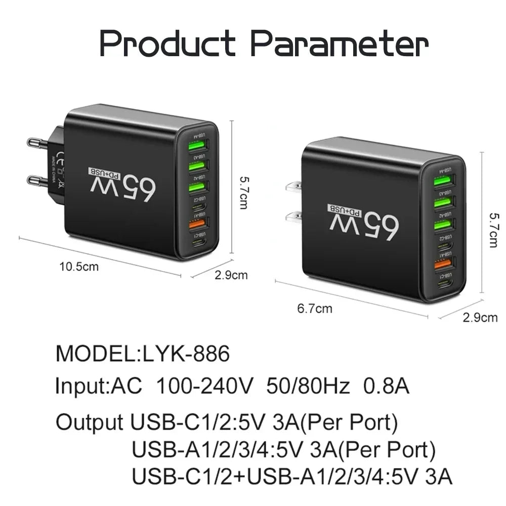 Voltique | 65W USB-C Schnellladegerät | 6 Anschlüsse | Power Delivery & Quick Charge | EU-Stecker