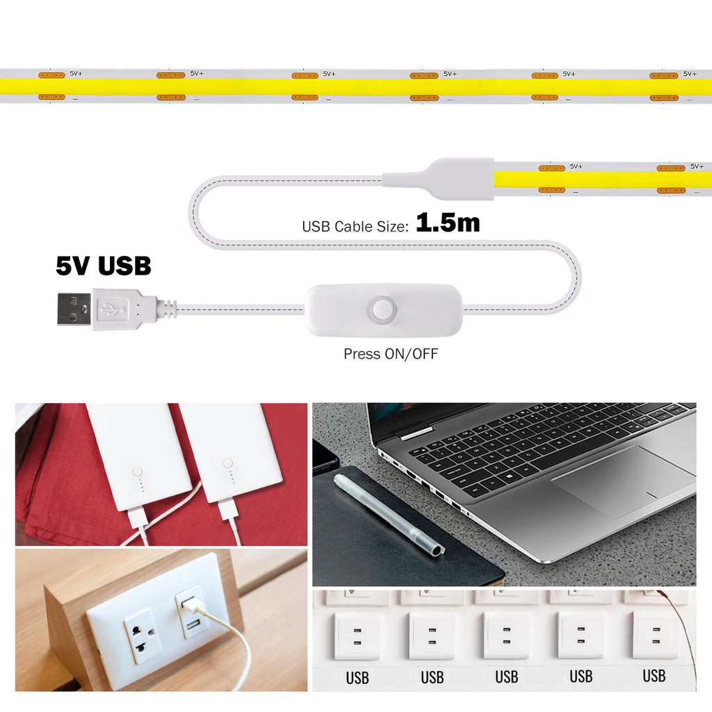 LumiFlex | COB LED-Lichtstreifen mit USB & Schalter | 320 LEDs/m | Flexibel & Selbstklebend