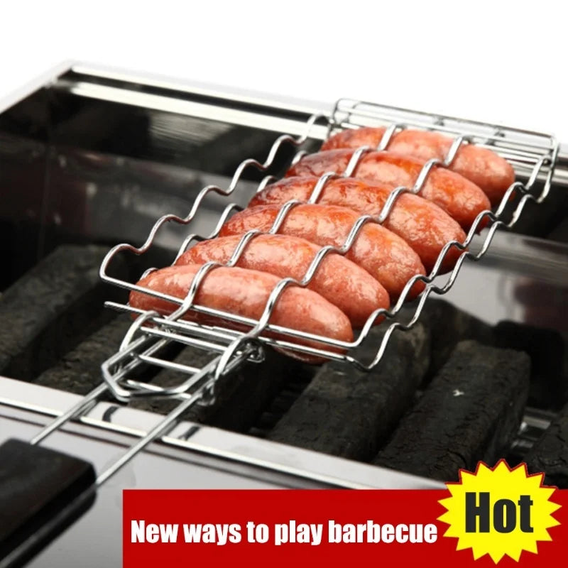Flammgusto Hotdog Grillkorb für 6 Würstchen | Edelstahl Grillkorb mit Holzgriff | BBQ Grillzubehör 55,5 cm
