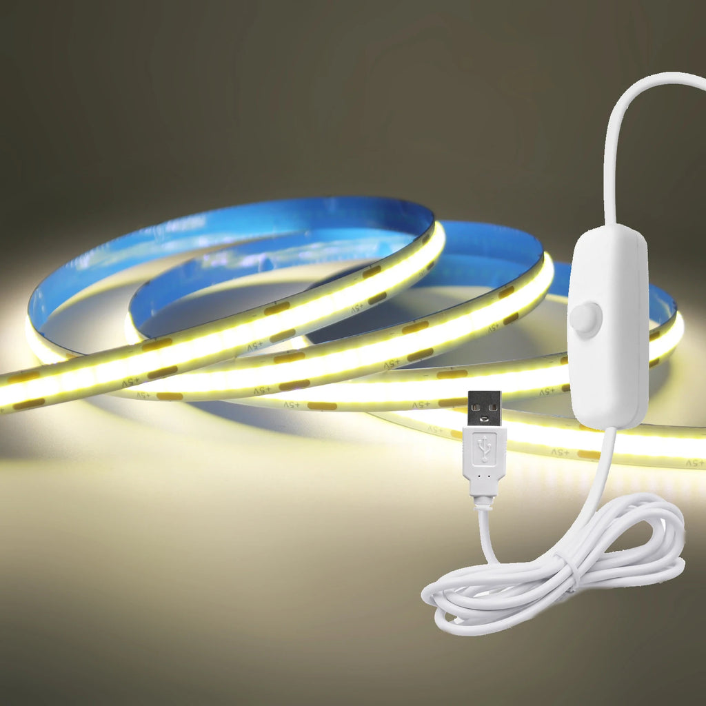 LumiFlex | COB LED-Lichtstreifen mit USB & Schalter | 320 LEDs/m | Flexibel & Selbstklebend