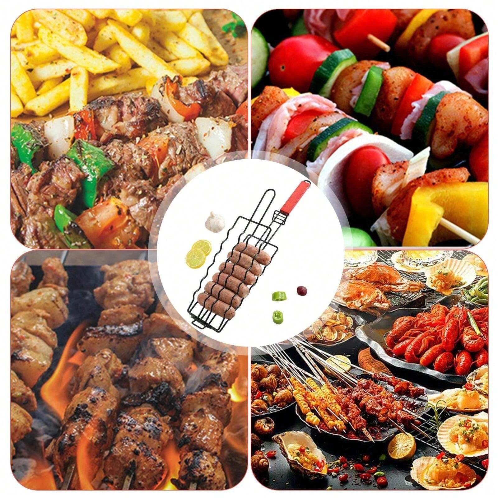 Grillmeistera Hotdog Grillkorb | Abnehmbarer Grillkäfig aus Edelstahl | Holzgriff | Tragbares BBQ Grillzubehör