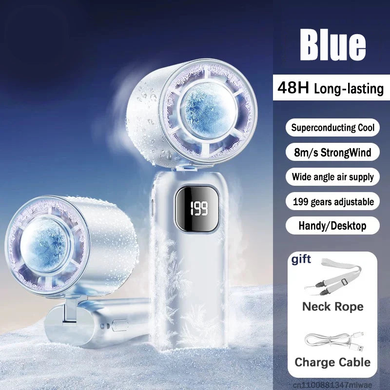 FrostTurbo Turbo Handventilator mit Eiskühlung | 199 Stufen | LED-Digitalanzeige | Handheld & Desktop | USB Akku | Reise & Zuhause