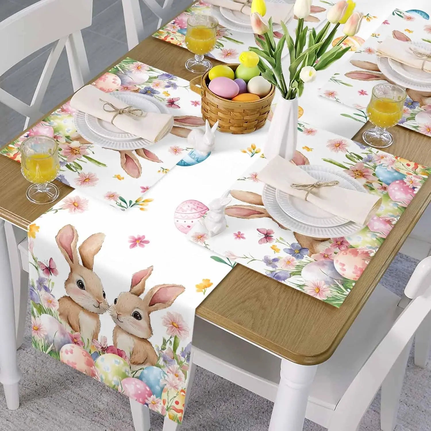 FrühlingsTisch Tischläufer Osterhasen & Bunte Eier | Leinen Stoff | Frühlingsdeko 150x33cm - 200x33cm
