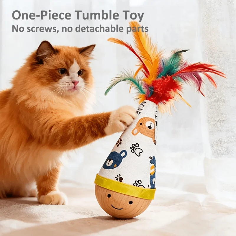 PurrSprint Katzenangel Spielzeug | Holzstab robust | Cartoon-Design mit Federn | Interaktives Katzenspielzeug | Bewegungsfördernd