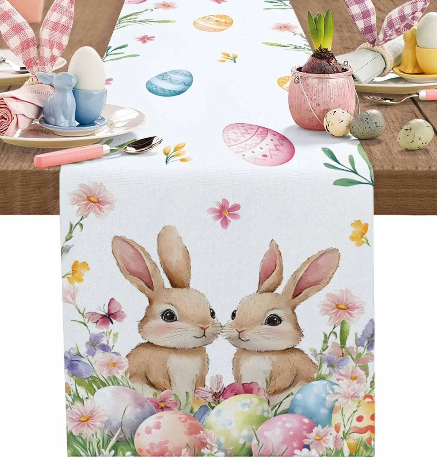 FrühlingsTisch Tischläufer Osterhasen & Bunte Eier | Leinen Stoff | Frühlingsdeko 150x33cm - 200x33cm