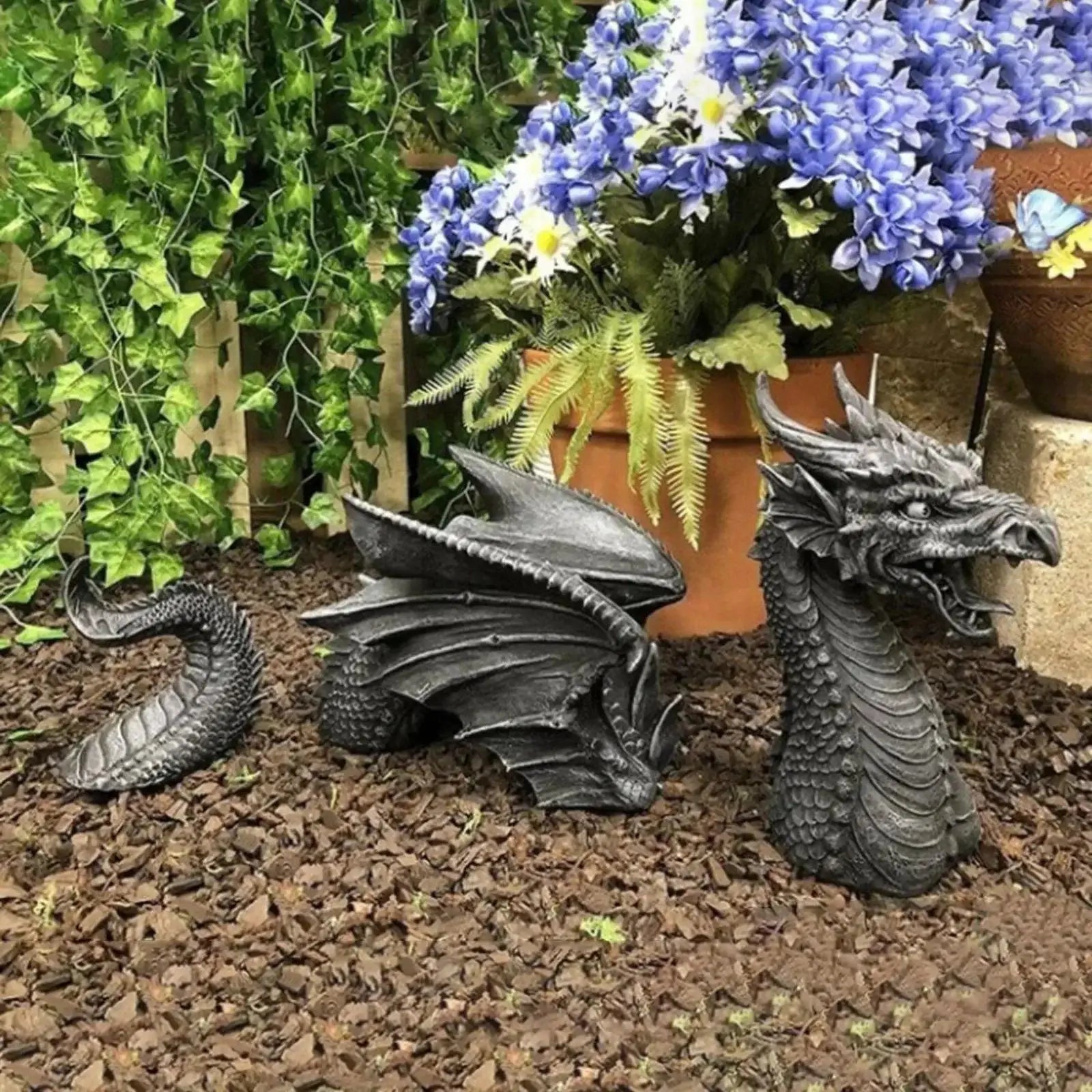 Dracoria Drachen Gartenfigur aus Resin | Gothic Fantasy Skulptur | Deko für Garten & Terrasse