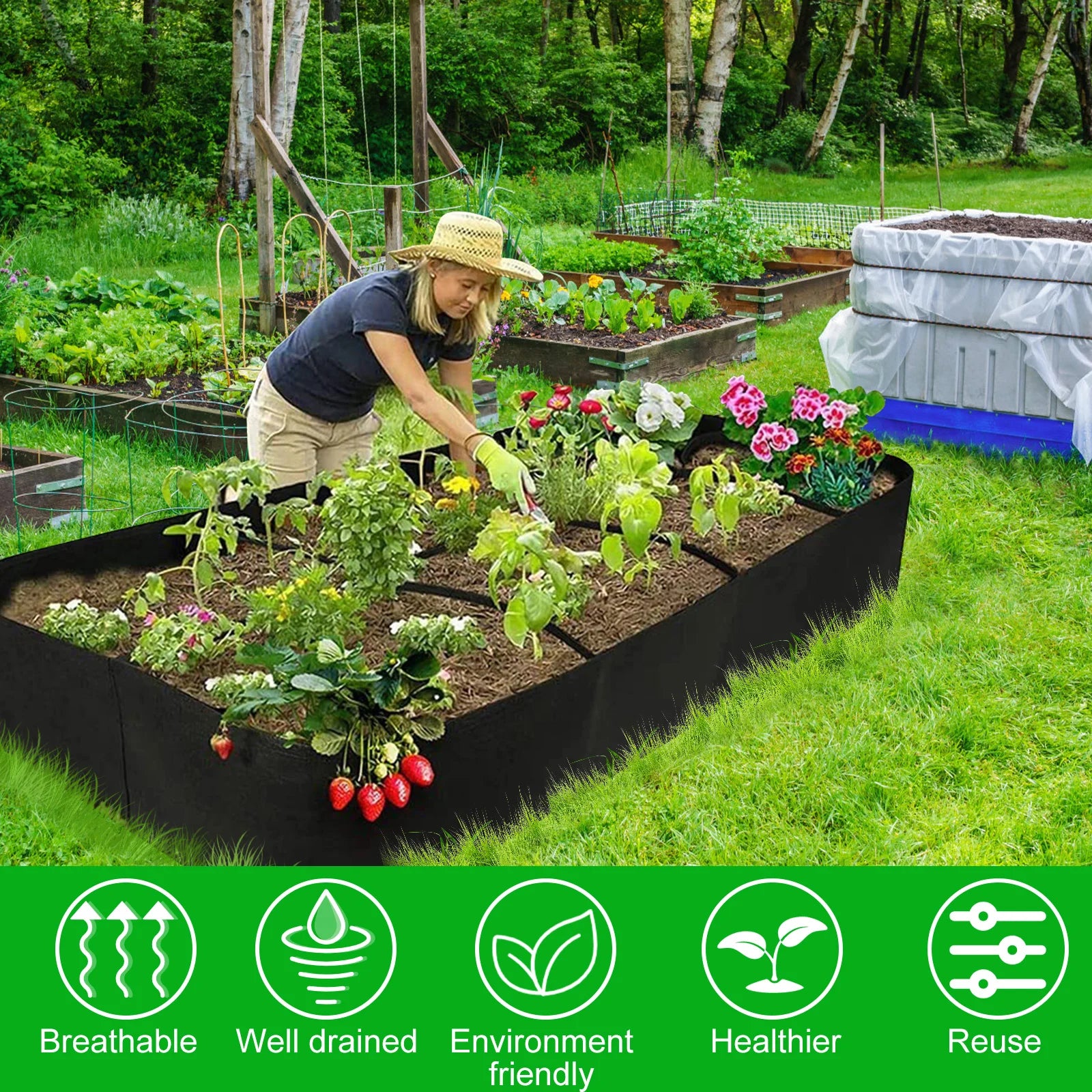 Growvera Hochbeet Pflanzsack | 8 Fächer | Filz Schwarz | 180x90x30 cm