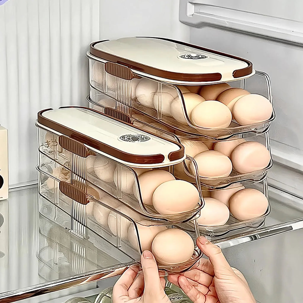 FrischRoll Eierhalter für Kühlschrank | Automatischer Roll-Organizer | Transparente Eier Aufbewahrungsbox stapelbar mit Deckel