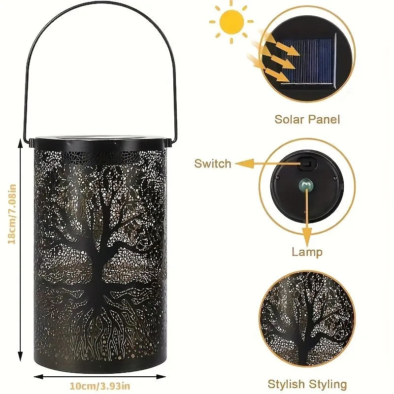 LumaVerde | Solar-Gartenlaterne mit Baum- & Blättermuster | Hängende oder Stehende LED-Dekoleuchte für Balkon, Terrasse & Garten