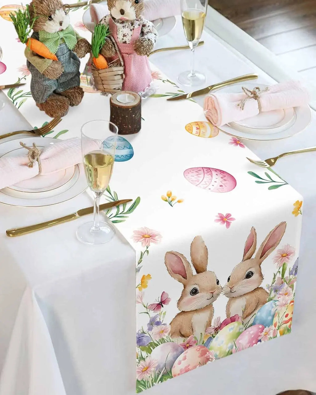 FrühlingsTisch Tischläufer Osterhasen & Bunte Eier | Leinen Stoff | Frühlingsdeko 150x33cm - 200x33cm