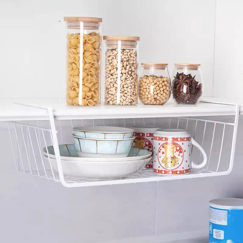 Cabvoro Hanging Basket | Under-Shelf Storage | Metal Grid in Black/White | For Kitchen, Cabinet & Office