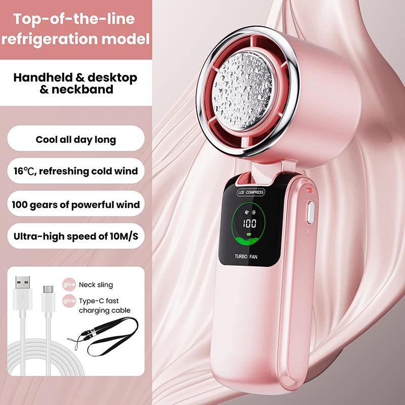 BREEZARO Mini Handventilator mit Kühlpack | 100 Stufen | 10W Turbo | Faltbar | Tragbar