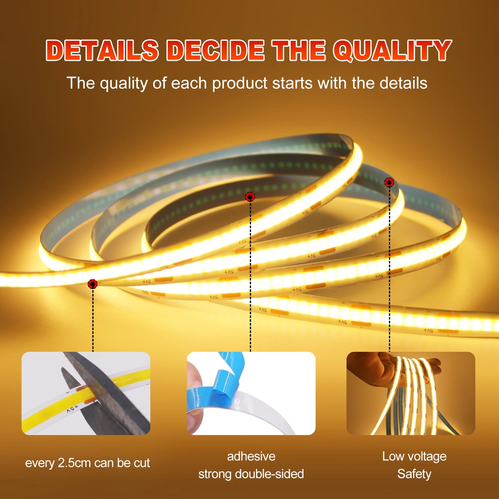 LumiFlex | COB LED-Lichtstreifen mit USB & Schalter | 320 LEDs/m | Flexibel & Selbstklebend