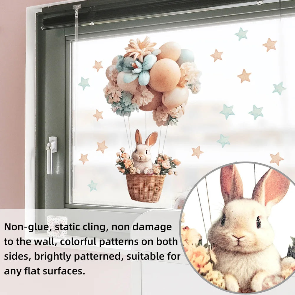 BallonHase Fenstersticker Heißluftballon | Cartoon Hase | Elektrostatik Dekoration für Glas & Türen