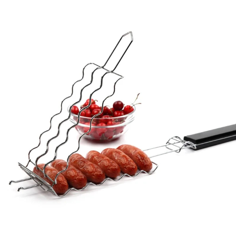 Flammgusto Hotdog Grillkorb für 6 Würstchen | Edelstahl Grillkorb mit Holzgriff | BBQ Grillzubehör 55,5 cm