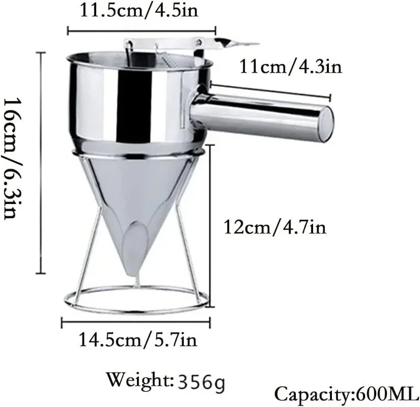 Flowtano Edelstahl Teigportionierer mit Ständer | 600 ml oder 1200 ml | Präziser Backtrichter für Cupcakes & Pancakes