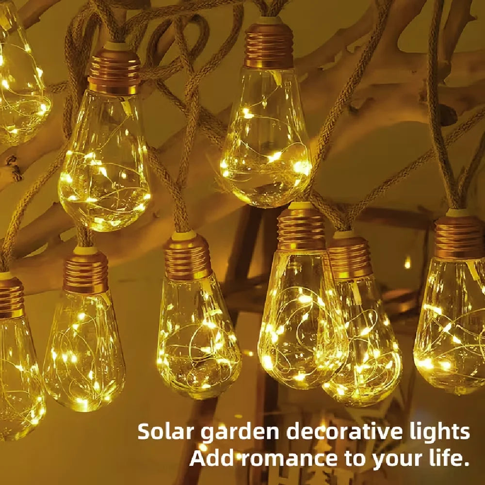LumiHemp | Solar-Lichterkette mit Hanfseil | Wasserdichte Vintage-LED-Gartenbeleuchtung mit 8 Leuchtmodi