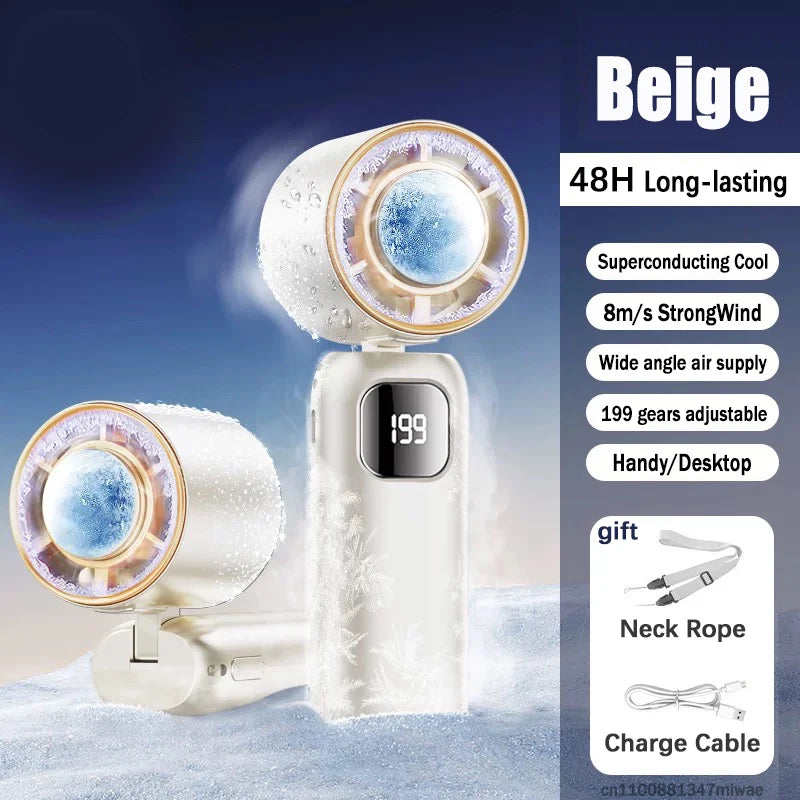 FrostTurbo Turbo Handventilator mit Eiskühlung | 199 Stufen | LED-Digitalanzeige | Handheld & Desktop | USB Akku | Reise & Zuhause