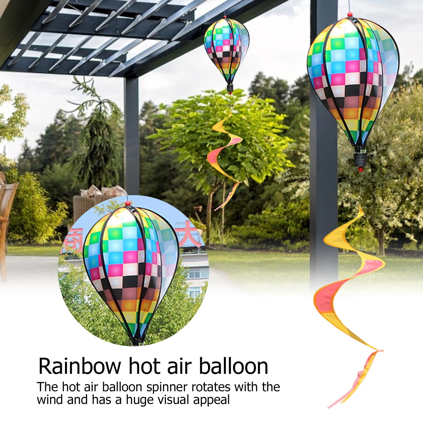 Ventoré Windspinner Heißluftballon 135 cm | Regenbogen Windspiel | Rotierend | Garten Deko Outdoor