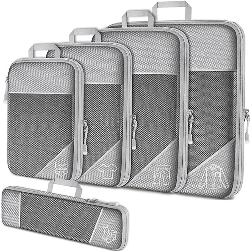 PackEase Koffer Organizer Set 5er | Kompressions Packwürfel mit Schuhbeutel | Leicht & Platzsparend