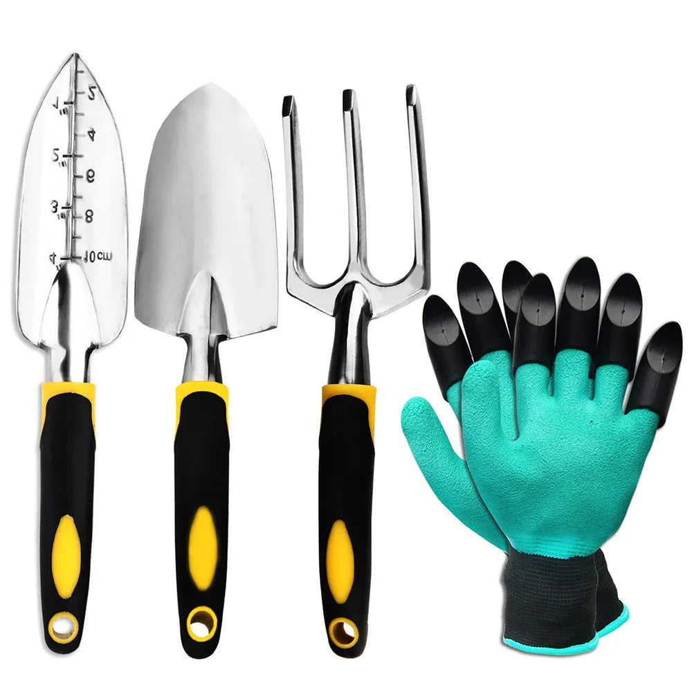 Erdwerk Gartenwerkzeug Set 4-teilig | Edelstahl | Mit Handschuhen | Ergonomische Griffe