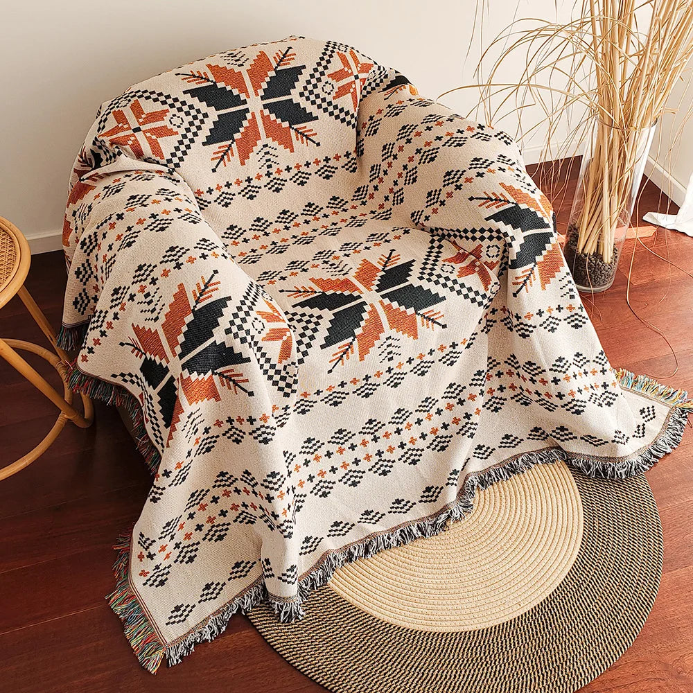 AztecaLoom Boho Blanket | XXL Aztec Plaid with Fringes | Southwestern Ethno Style | Vintage Cotton Blend Throw Blanket