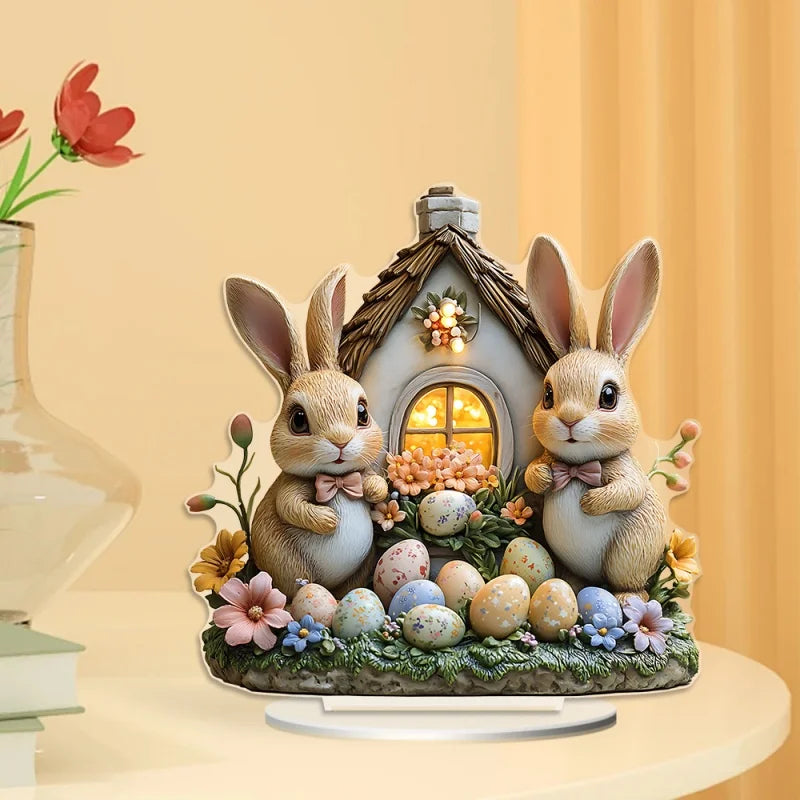 FrühlingsNest Osterhasen Ornament | Hasenhaus Szene | Flache Acryl Tischdekoration für Zuhause Büro Garten