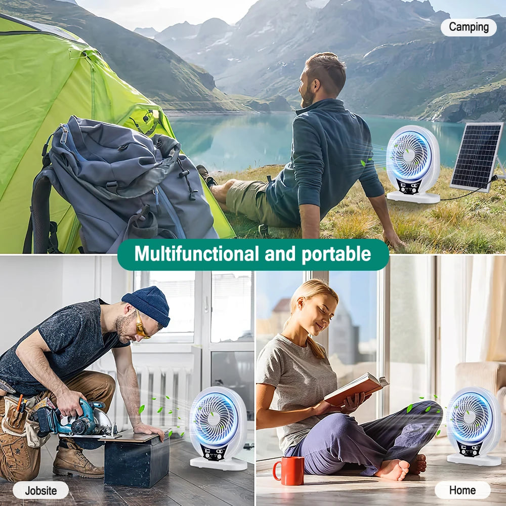 SolarBreeze Duo  Solar Camping Ventilator mit LED-Licht | USB wiederaufladbar | Tragbar 8 Zoll | Leise | Desktop & Outdoor | Weiß