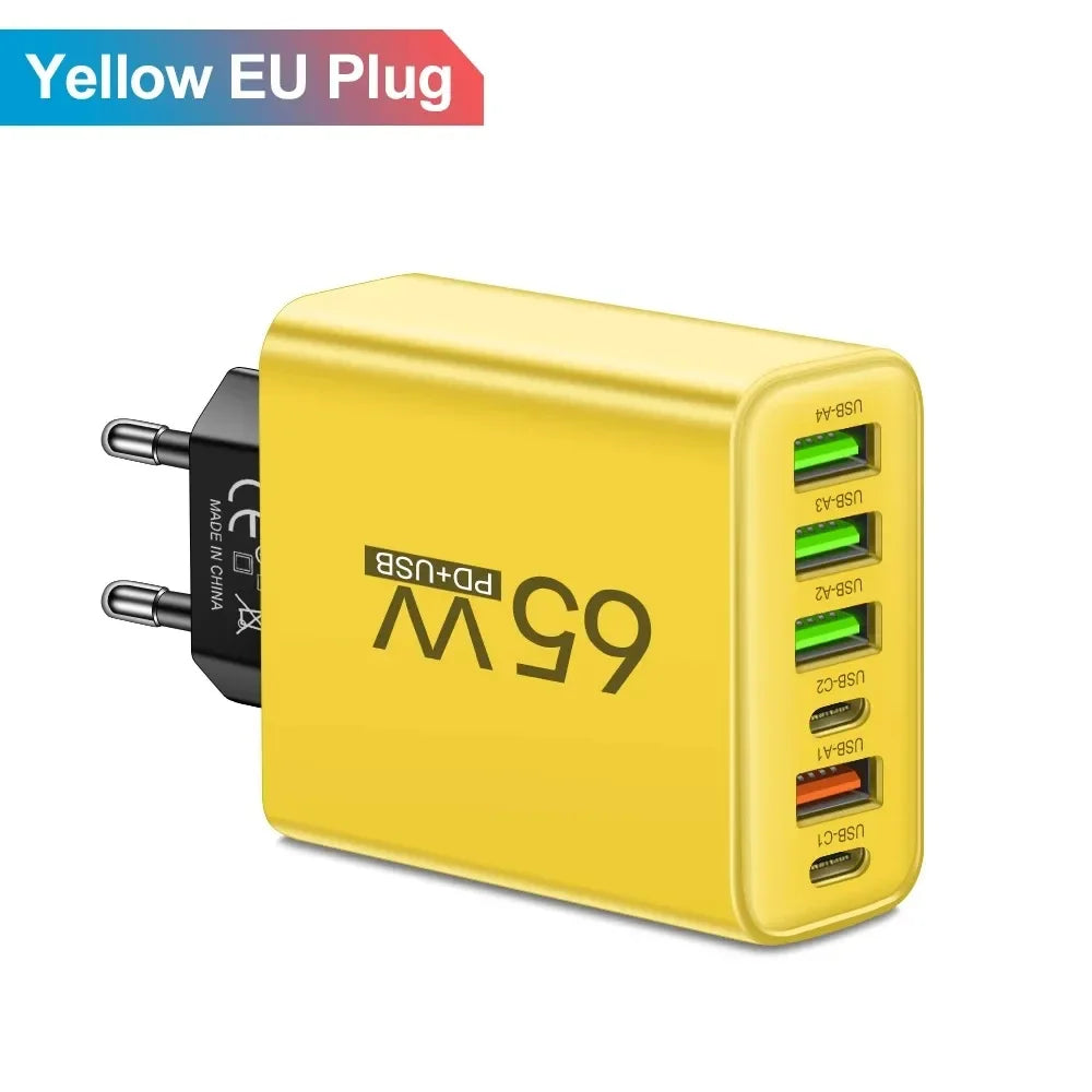Voltique | 65W USB-C Schnellladegerät | 6 Anschlüsse | Power Delivery & Quick Charge | EU-Stecker