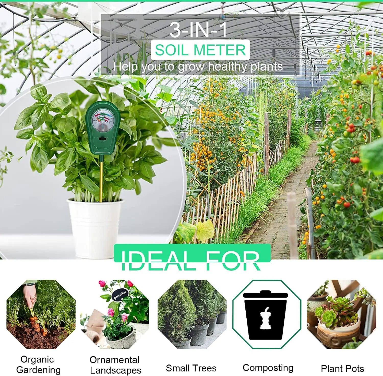 Plantara | 3-in-1 Bodentester | Bodenfeuchte-, pH- & Fruchtbarkeitsmessgerät für Garten und Zimmerpflanzen