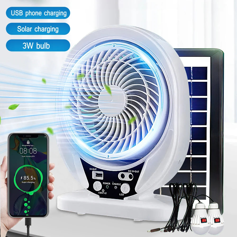 SolarBreeze Duo  Solar Camping Ventilator mit LED-Licht | USB wiederaufladbar | Tragbar 8 Zoll | Leise | Desktop & Outdoor | Weiß