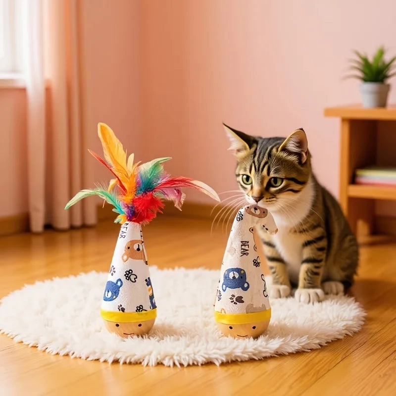 PurrSprint Katzenangel Spielzeug | Holzstab robust | Cartoon-Design mit Federn | Interaktives Katzenspielzeug | Bewegungsfördernd