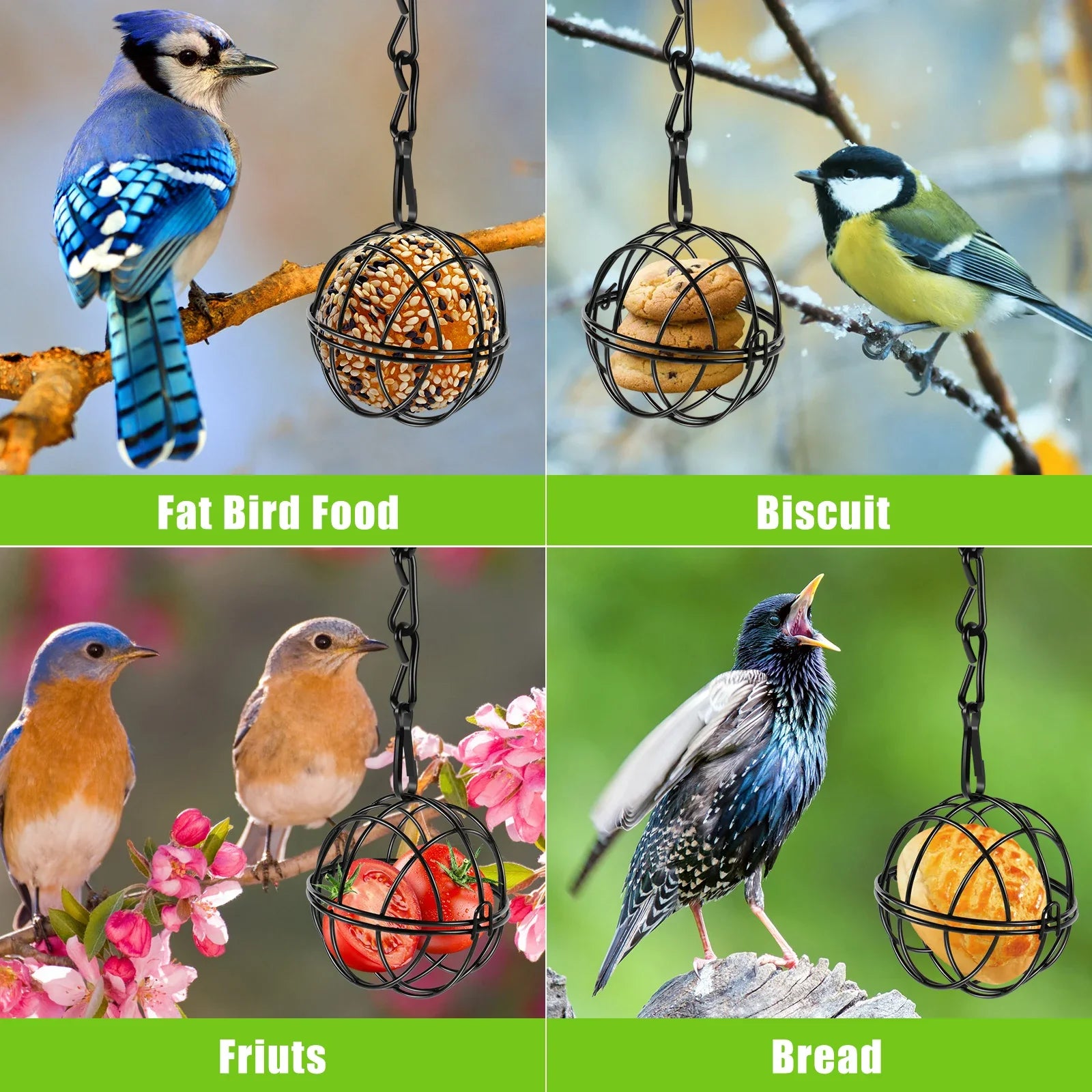 Aviora Vogel-Futterball Set mit Metallkette | 4er Set | Eisen | Ø 7 cm