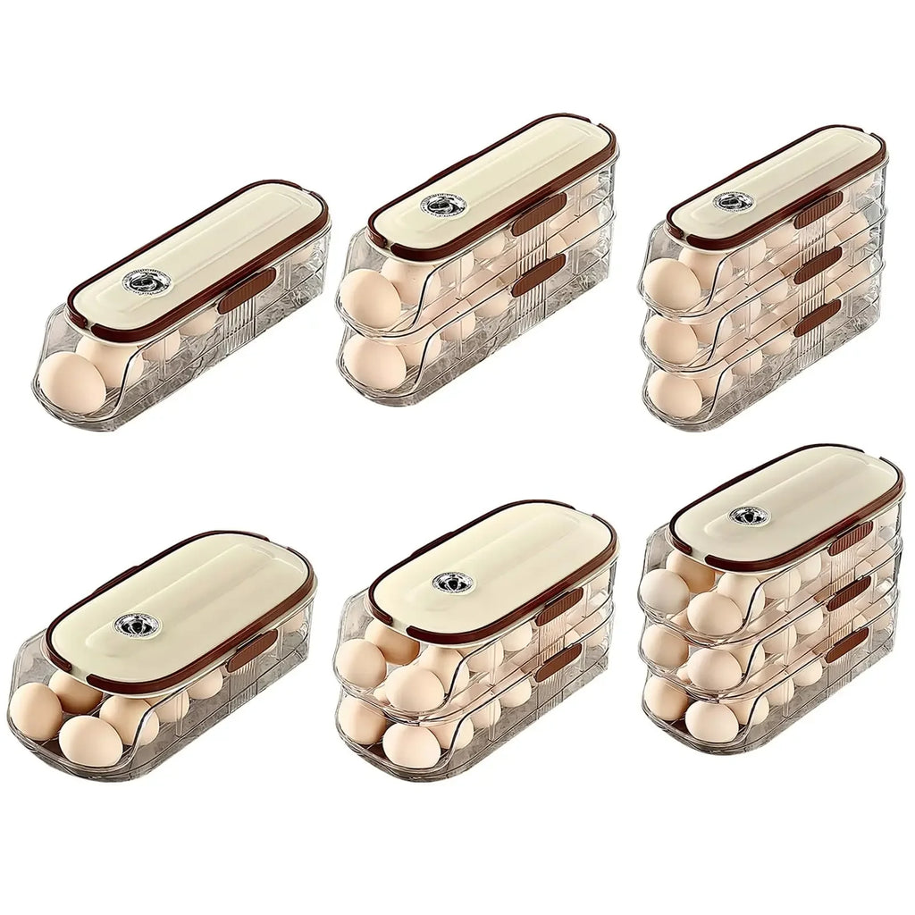 FrischRoll Eierhalter für Kühlschrank | Automatischer Roll-Organizer | Transparente Eier Aufbewahrungsbox stapelbar mit Deckel