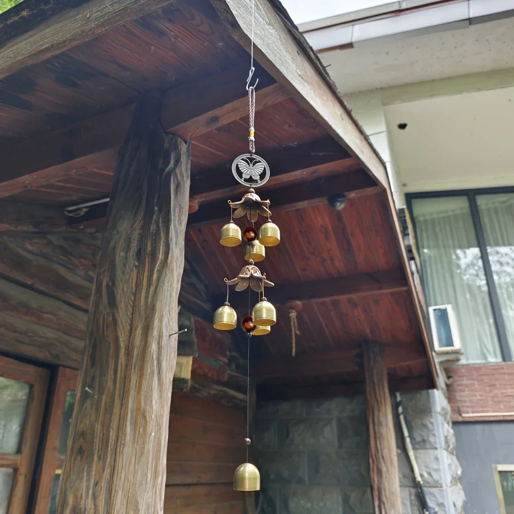BellAura Doppelglocken Windspiel | Metall Anhänger | Garten & Hausdeko | Hängende Glocke, Messingfarbe