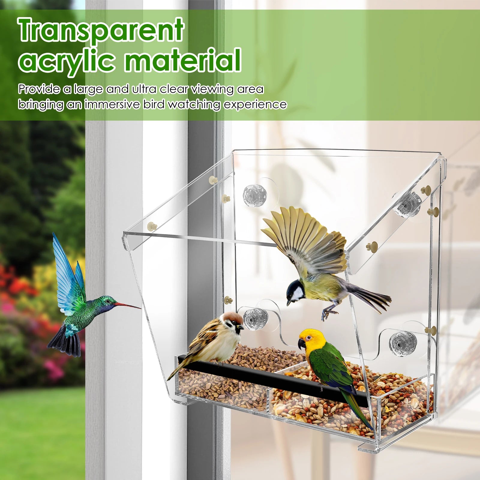 BirdVista Acryl-Vogelfutterspender | Fensterhalterung | Mit Saugnäpfen | Transparent für Vogelbeobachtung