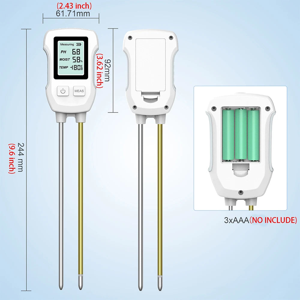 FloraSense Digitaler Bodenmessgerät 3-in-1 | pH-, Temperatur- & Feuchtigkeitsmesser | LCD Display mit Beleuchtung | 25,3 cm Sonde