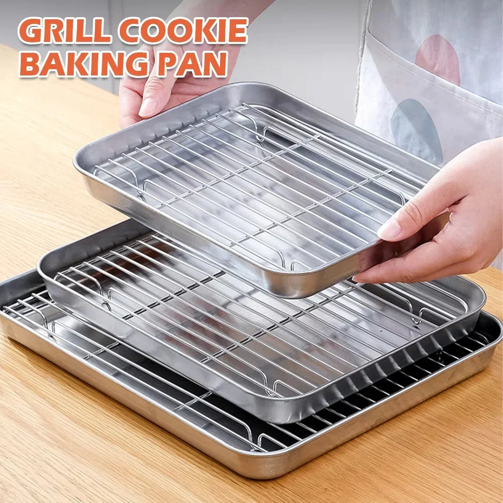Edelstahl Backform Tablett mit Draht Rack Kuchen Backen BBQ Pan Tablett Platte Ofen Brownie Rack Kochen Braten Grillen Werkzeug