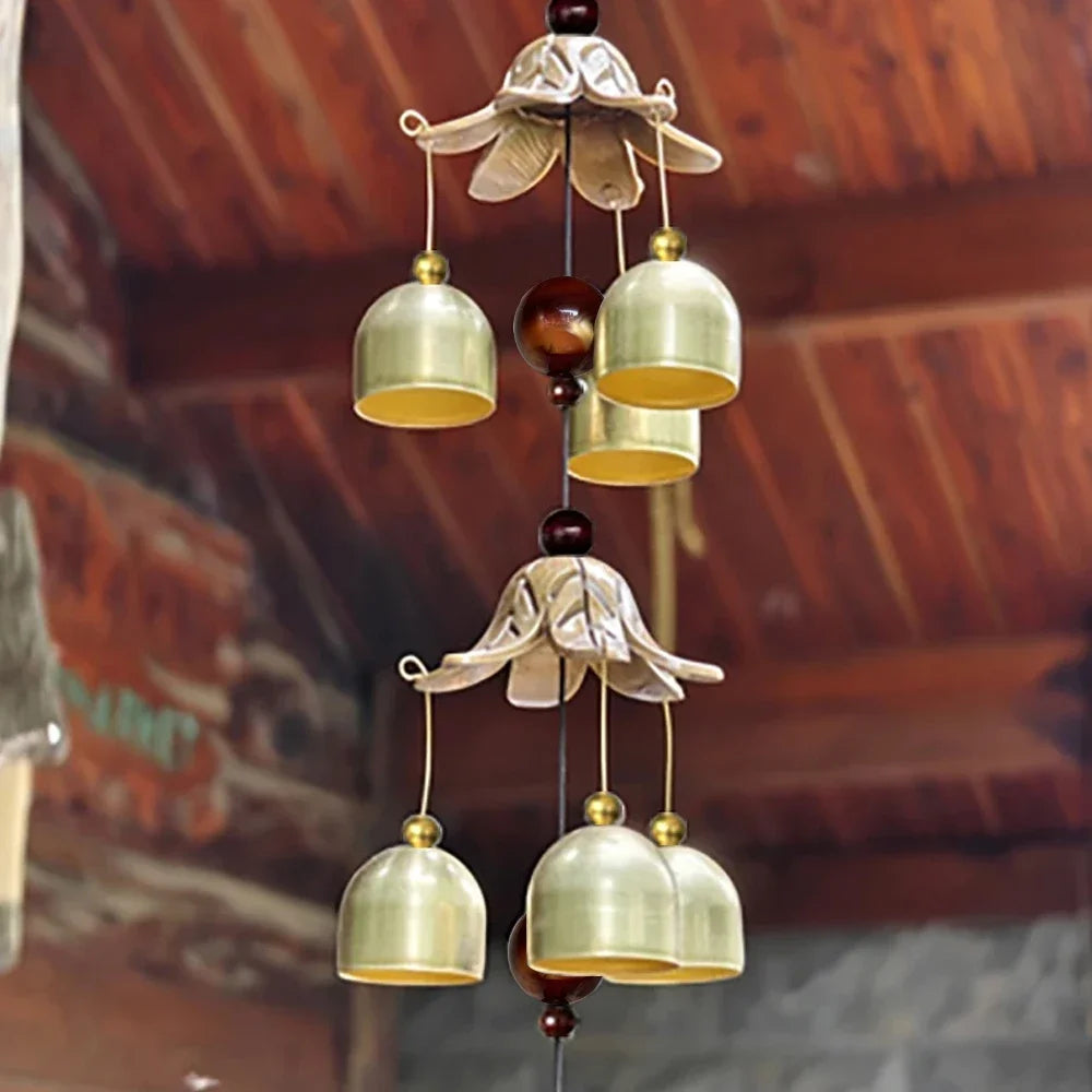 BellAura Doppelglocken Windspiel | Metall Anhänger | Garten & Hausdeko | Hängende Glocke, Messingfarbe