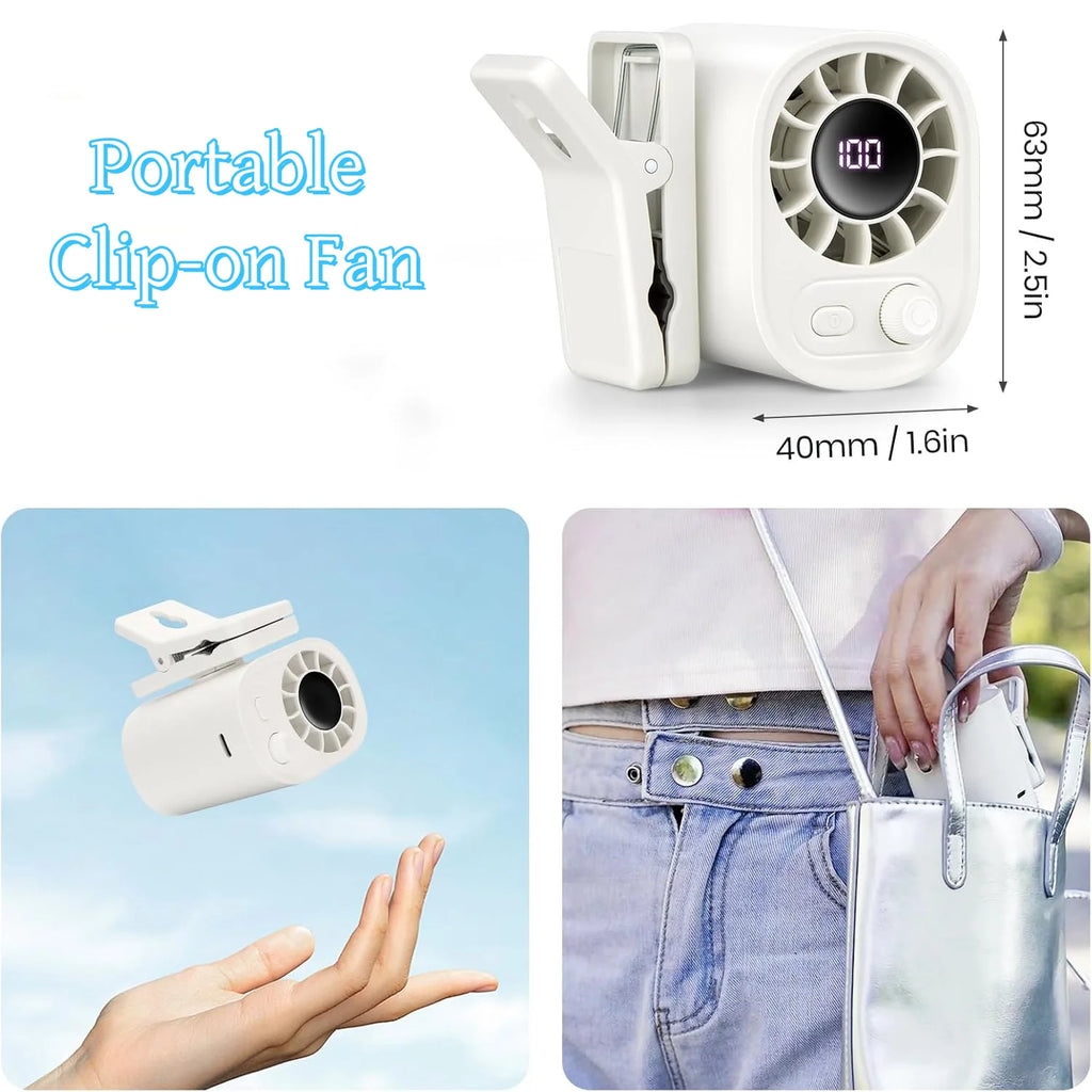Breezico Mini Clip-Ventilator | Tragbar & Wiederaufladbar | 6,2 x 4,5 x 6,3 cm | 100-Stufen